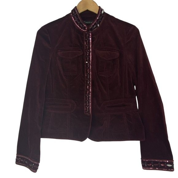 INC International Concepts Jackets & Blazers - INC International Concepts Burgundy Maroon Velour Jeweled Jacket wms sz M